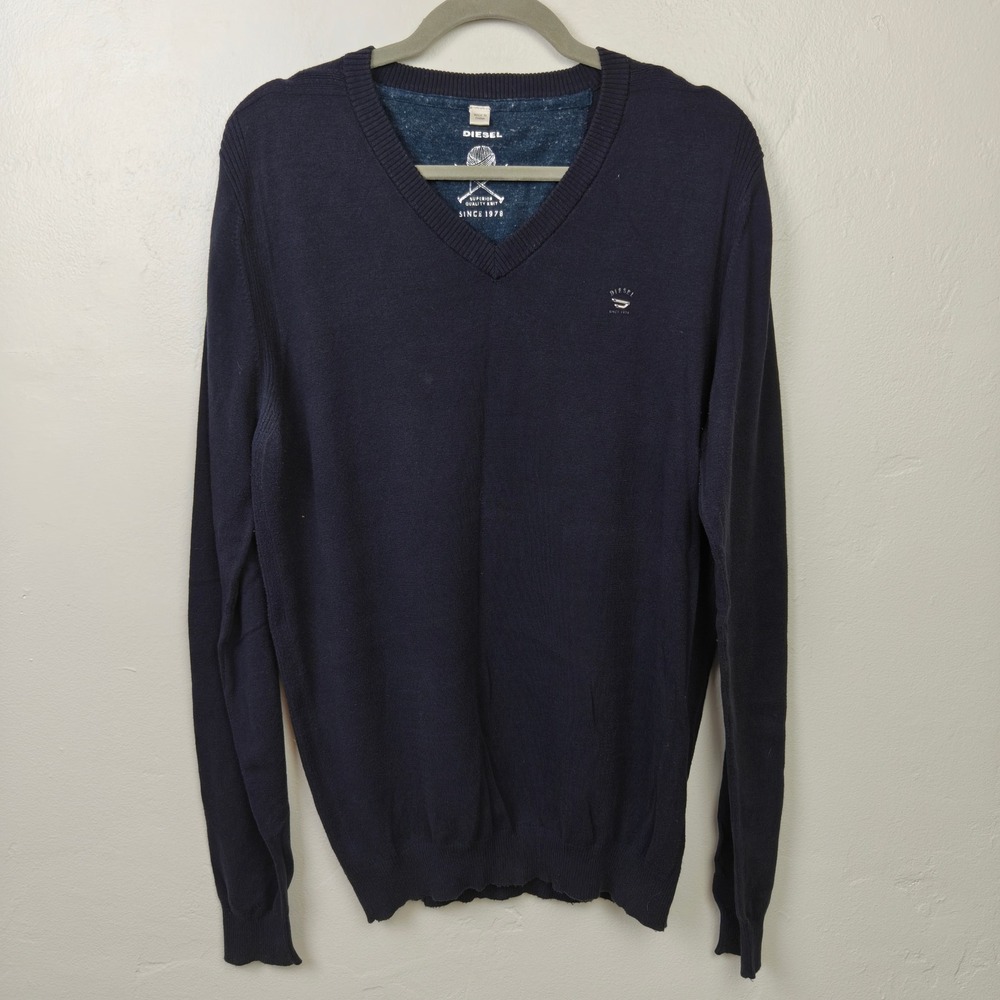 Diesel Mens Top XL Navy Blue V-Neck Long Sleeve Cotton Blend Pullover Sweater